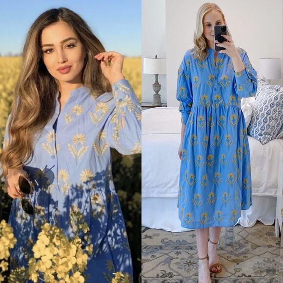 Zara Dresses & Skirts - Zara Voluminous Floral Embroidered Midi Dress Blue